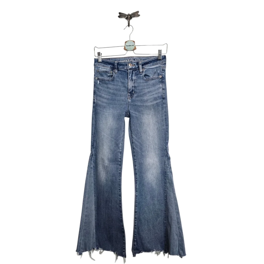 AE American Eagle Ne(x)t Level Festival Flare Jean In Indigo Fray 6 R - Picture 3 of 15